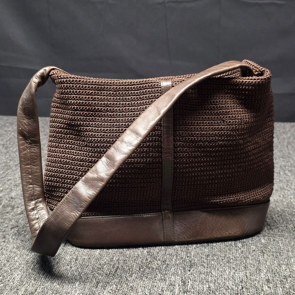 Vintage The Sak Brown Tight Weave Purse Leather Trim Shoulder Bag Medium 12x9.5